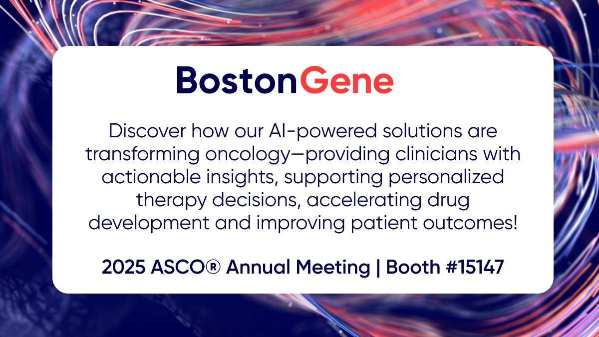 BostonGeneCorp (@bostongenecorp) on Twitter photo Join us at the 2025 ASCO® Annual Meeting on May 31 – June 2 in Chicago! To schedule a meeting or learn more, email us at events@bostongene.com! #ASCO25 Join us at the 2025 ASCO® Annual Meeting on May 31 – June 2 in Chicago! To schedule a meeting or learn more, email us at events@bostongene.com! #ASCO25