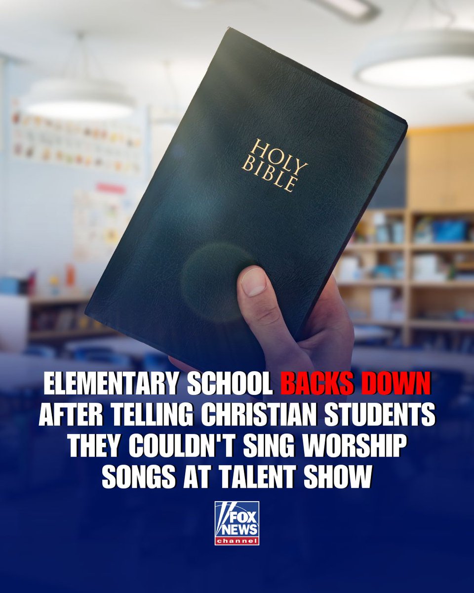 FoxNews's tweet photo. "Religious songs have been, and will continue to be, allowed at school events like talent shows."

A Michigan elementary school has backed down after initially telling two Christian students they couldn't perform worship songs at an upcoming school talent show. https://t.co/JFuY44PH2G