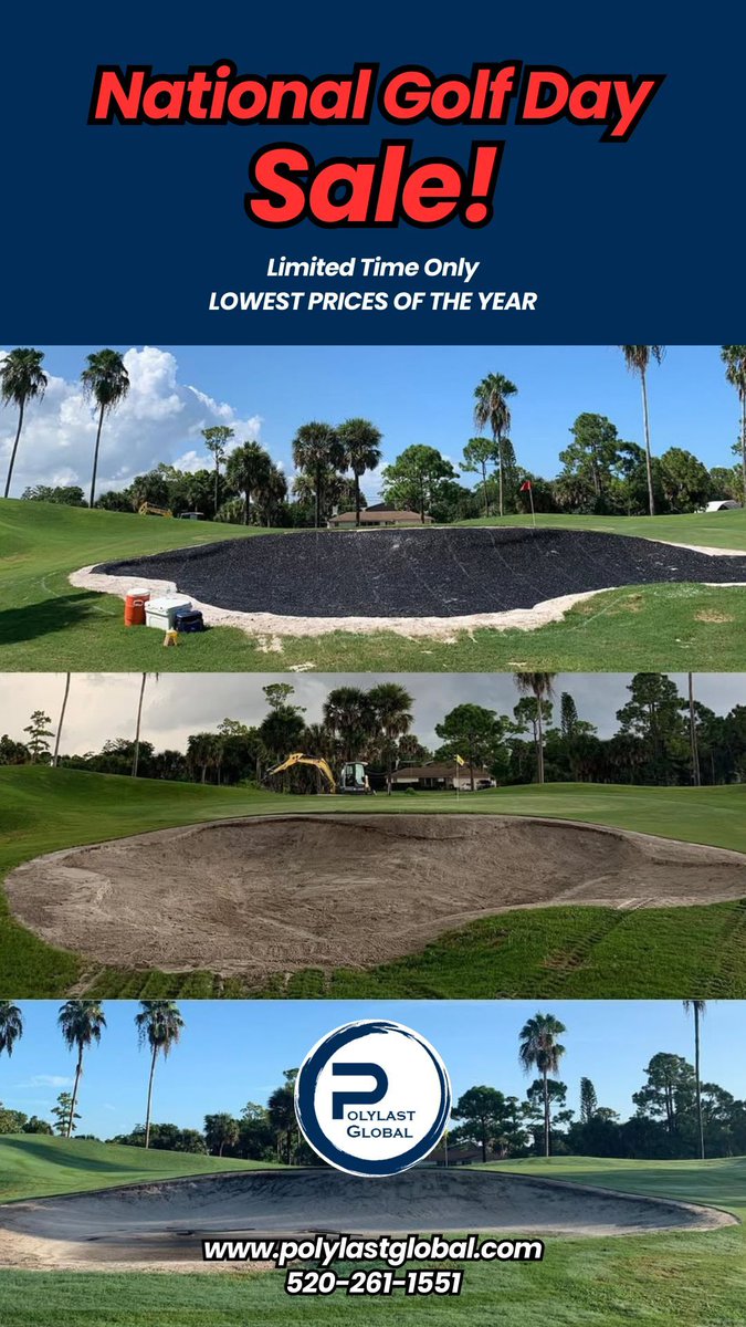 Polylast's tweet image. 🏌️‍♂️ Celebrate National Golf Day with the lowest prices of the year — but only for a limited time! 

📞 Call us to find out what the deal is! Call 520-261-1551 or visit polylastglobal.com. 

#Polylast #PolylastGlobal #NationalGolfDay #Sale #Savings #Golf #Bunker #BunkerLiner