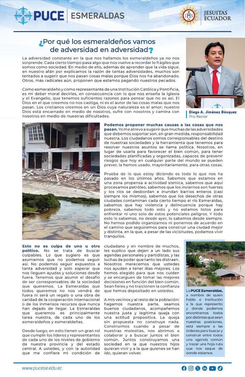 PUCE Esmeraldas 👩🎓👨🎓 (@puce_esmeraldas) on Twitter photo 🎙️#OPINIÓN | ¿Por qué los esmeraldeños vamos de adversidad en adversidad?
Nuestro Pro-Rector Mgt. <a href="/diegojimenezb/">Diego A. Jiménez-Bósquez</a> , plasma su postura ante esta interrogante y hace un llamado a asumir el desafío de ser corresponsables de la sociedad que queremos. <a href="/PUCE_Ecuador/">PUCE Ecuador</a> <a href="/lahoraecuador/">La Hora Ecuador</a> 🎙️#OPINIÓN | ¿Por qué los esmeraldeños vamos de adversidad en adversidad?
Nuestro Pro-Rector Mgt. <a href="/diegojimenezb/">Diego A. Jiménez-Bósquez</a> , plasma su postura ante esta interrogante y hace un llamado a asumir el desafío de ser corresponsables de la sociedad que queremos. <a href="/PUCE_Ecuador/">PUCE Ecuador</a> <a href="/lahoraecuador/">La Hora Ecuador</a>