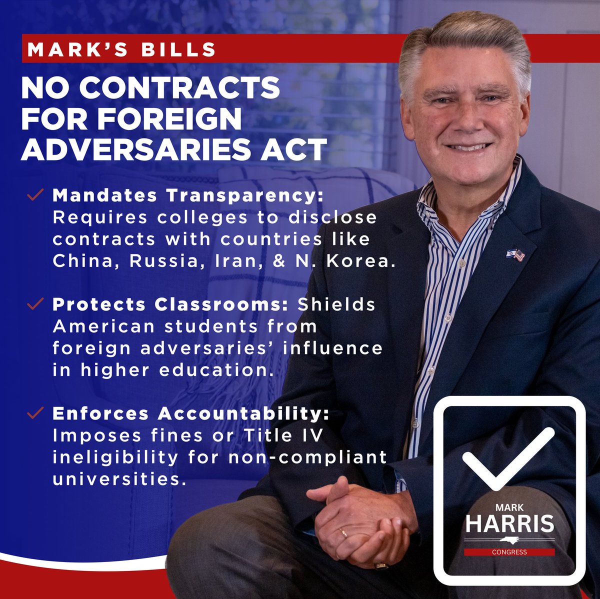 MarkHarrisNC8's tweet image. Our classrooms should be places of learning, not pipelines for foreign influence. That’s why I introduced the No Contracts for Foreign Adversaries Act, to expose shady partnerships, protect our students, and hold universities accountable. America’s future must never be for sale.