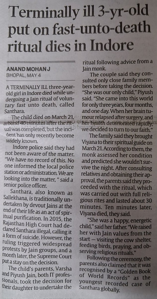 khabar_wallah's tweet photo. Santhara, also known as Sallekhana:
#Santhara #Sallekhana #JainRituals
#ChildRights #ReligiousPractices
#EthicsAndFaith #IndoreNews
#TerminalIllness #FaithVsLaw
#HumanRights #LegalControversy
#IndiaNews #GoldenBookOfWorldRecords #UPSCPrelims2025
credit:@IndianExpress https://t.co/kURu2FaPa6