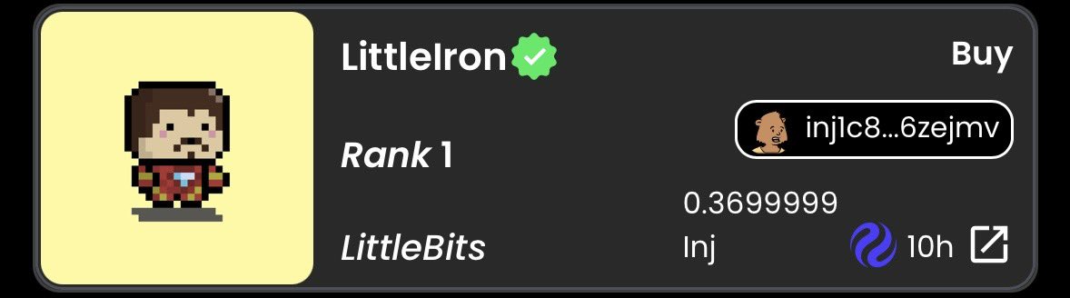 LittleBit π (@injlittlebits) on Twitter photo New Re-Sold! 
ππΆπππΉπ² ππΏπΌπ» - Sold for 0.36 $INJ
Congrats and Welcome! New Re-Sold! 
ππΆπππΉπ² ππΏπΌπ» - Sold for 0.36 $INJ
Congrats and Welcome!