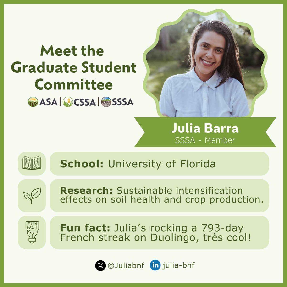 ACSGradStudents's tweet image. Meet @Juliabnf, an SSSA member + recent PhD grad from @UF! She researches sustainable intensification + soil health in agroecosystems and serves on multiple ACS subcommittees! Into soil health or parlez français? Connect with her here or on X/LinkedIn!
#SoilScience #GradLife