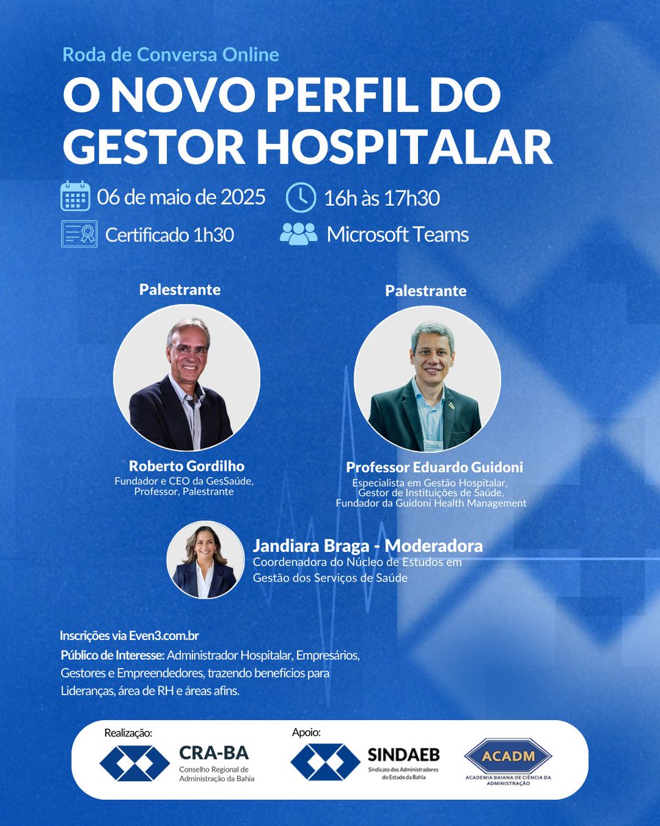 CRA_BA's tweet photo. 🎙️ Roda de Conversa: O novo gestor hospitalar
📅 06/05 | ⏰ 16h | 💻 Online (Teams) | 🎟️ Grátis

Com Roberto Gordilho, Eduardo Guidoni e Moderação de Jandiara Braga.

Inscreva-se: https://t.co/4TkA01jClk

#GestãoHospitalar #CRABA https://t.co/C7IfXPIdy5