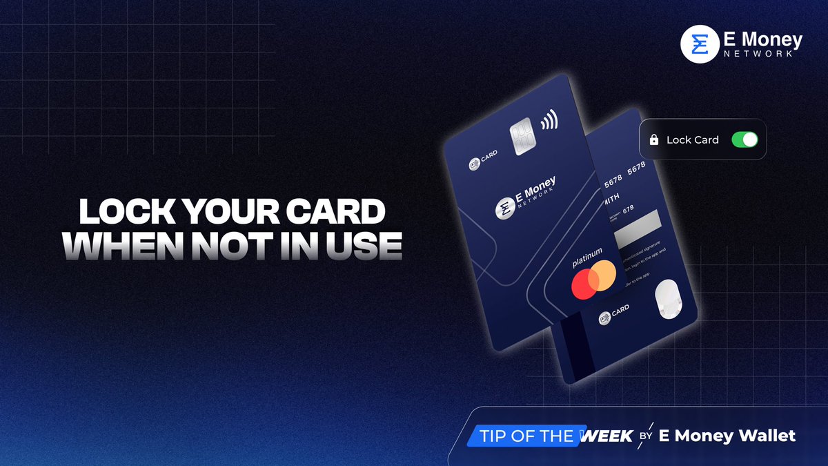 emoney_network's tweet photo. 🛡️ E Money Wallet Security Tip of the Week

Your safety comes first.
🔐 With E Money Wallet, you can instantly lock or unlock your card directly in the app, anytime, anywhere.
Noticed something unusual? 
Take control in seconds.

Just follow these simple steps:
1️⃣ On the Home screen, tap the gear icon on the top right of your EMN card
2️⃣ Select “Lock Card”
3️⃣ Confirm with your password or Face ID

👉 We recommend keeping your card locked when not in use for maximum security.

Stay secure - stay in control.