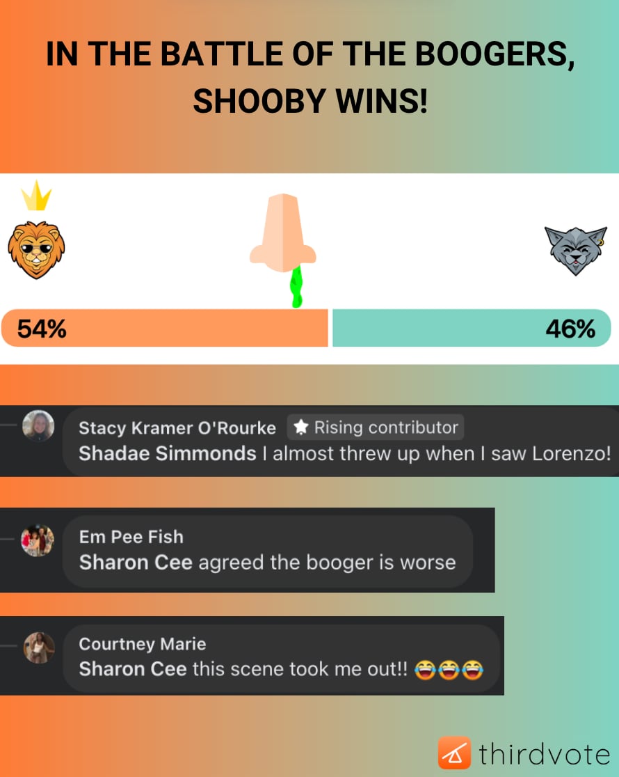Thirdvote's tweet image. Battle Camp: Who had the greater snot face? 

Join the debate 👇 
thirdvote-prod.web.app/cases/d735d800…

#BattleCamp #battlecampnetflix #Netflix #netflixTV