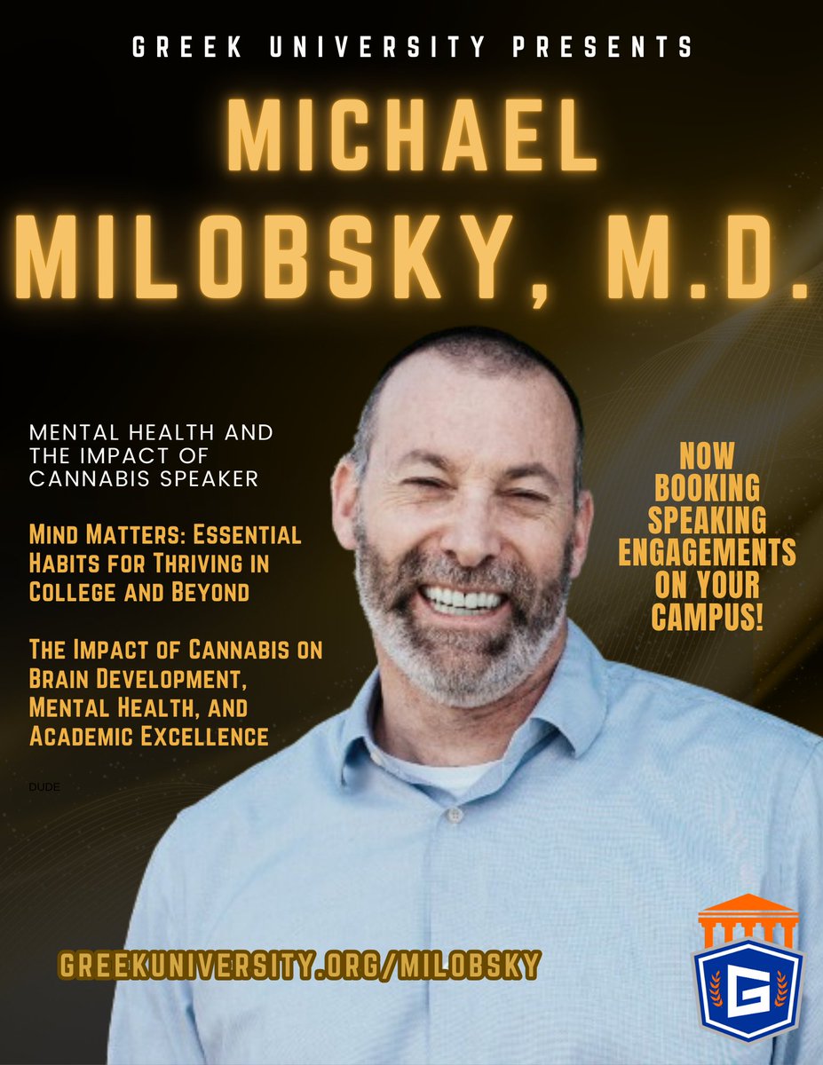 🚨 New Speaker Announcement 🚨 

Today we welcome Michael Milobsky, M.D. to the speaking team! "Mind Matters: Essential Habits for Thriving in College and Beyond" to tackle mental health &amp; "The Impact of Cannabis on Brain Development, Mental Health, and Academic Excellence".