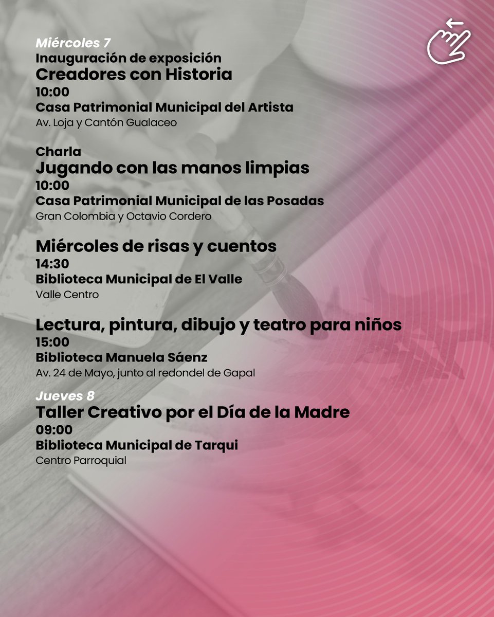 CulturaCUE's tweet photo. 🤱¡Esta semana celebramos a #Mamá como se merece!
Ven con ella a disfrutar de #serenatas, #talleres, #exposiciones y mucho más 🎨🎶.
🌸¡Festejemos a la reina del hogar con #arte, #cultura y mucho amor💖!

#Cuenca #AmorPorCuenca #YoAmoCuenca https://t.co/6wFVc0Qefo