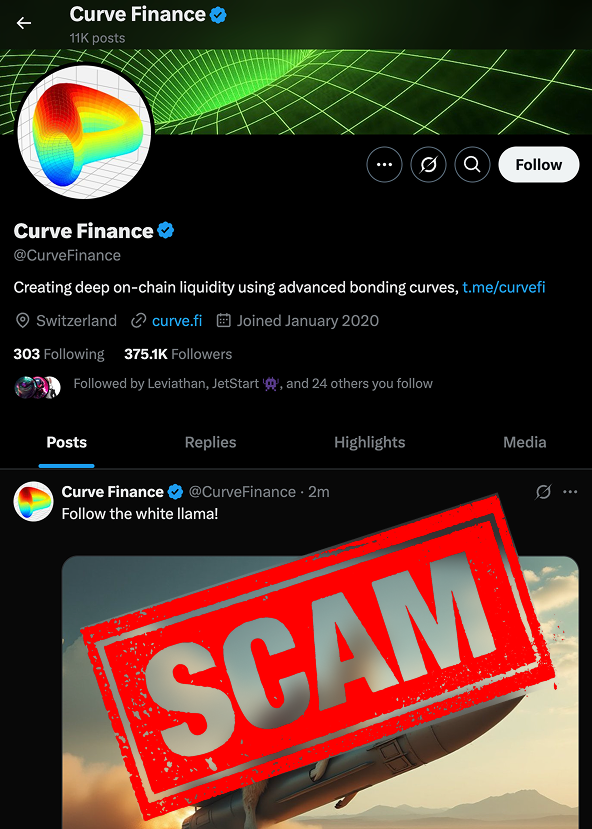 🚨 SCAM ALERT

Curve Finance just got hacked

Their official twitter <a href="/CurveFinance/">Curve Finance</a> is compromised

- Do not click any links
- Do not connect your wallet
- You will get drained

Like, comment and repost this tweet

The more people see it, the fewer get scammed
Curve needs to act