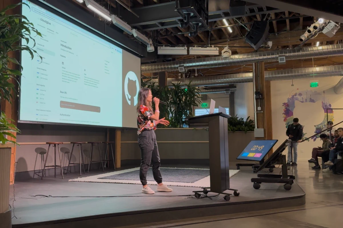 Amy Xiao, founder of CloudGlue, presenting CloudGlue (https://cloudglue.dev) live on the GitHub stage to the AI DevTools community.