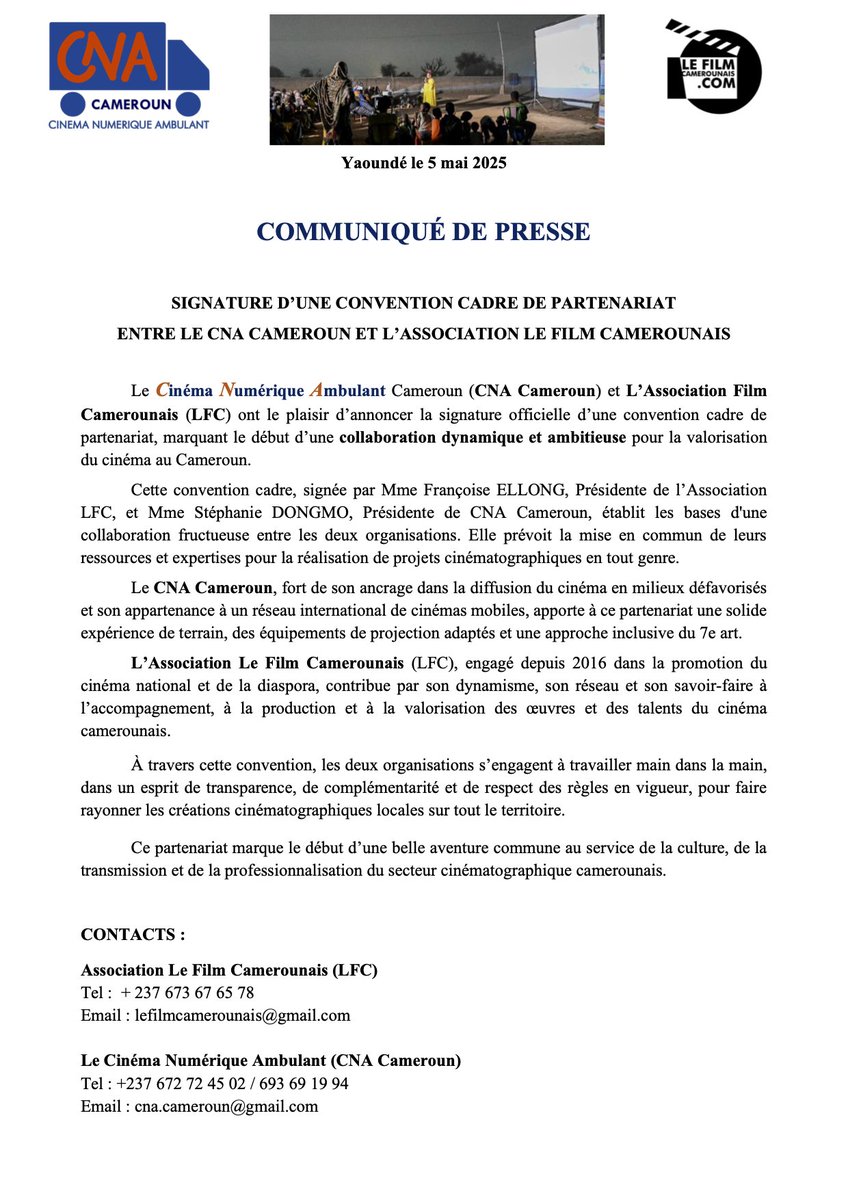 FrancoiseEllong's tweet photo. Convention cadre signée ce jour entre le CNA (Cinéma Numérique Ambulant) et l'Association LFC (Le Film Camerounais) ! 

Je continue donc ma bataille pour l'accessibilité des films faits par et pour nous, afin que même dans les zones reculées, on puisse avoir accès au Cinéma 🥳 https://t.co/IZMXdnyIoU