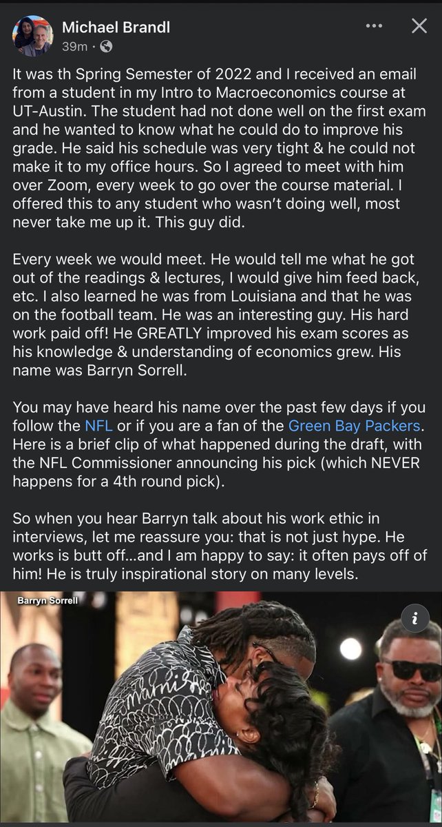 concertkenny's tweet image. My old @UTAustin Econ professor posted this on FB, so thought I’d share here. Good luck in the @NFL, @BarrynSorrell_! Looks like all your hard work is paying off… the @packers got a good one! #hookem 🤘@TexasFootball