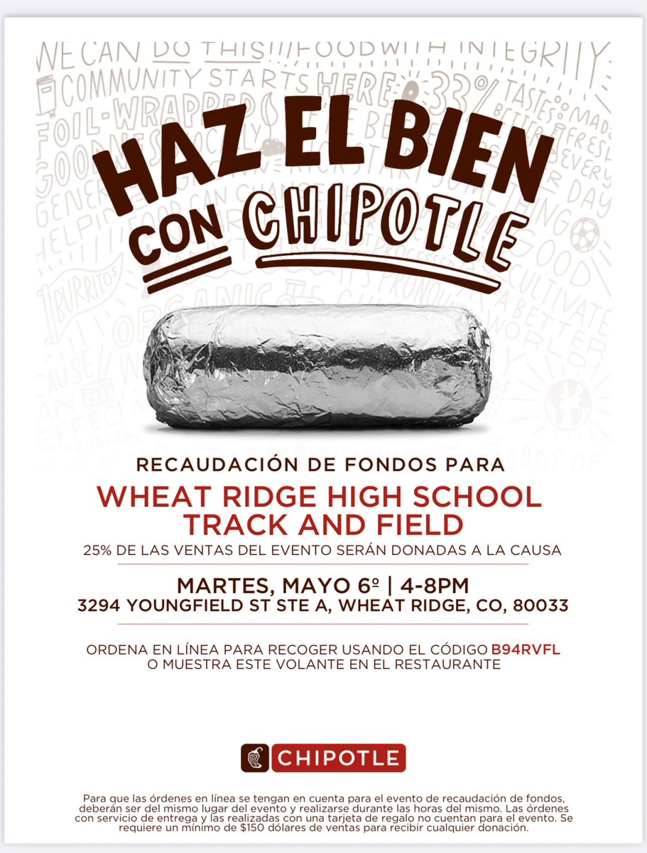 Jason Campbell (@wheatridgead) on Twitter photo #onecityonehighschool <a href="/farmerchampions/">WRHS Athletics</a> <a href="/JeffcoAthletics/">Jeffco Athletics</a> <a href="/coloradopreps/">Colorado Preps</a> On Tuesday, May 6th, the Wheat Ridge Track and Field team will be having a restaurant night at Chipotle in Wheat Ridge at 3294 Youngfield Avenue from 4p-8p. Come out and support the Farmers. #onecityonehighschool <a href="/farmerchampions/">WRHS Athletics</a> <a href="/JeffcoAthletics/">Jeffco Athletics</a> <a href="/coloradopreps/">Colorado Preps</a> On Tuesday, May 6th, the Wheat Ridge Track and Field team will be having a restaurant night at Chipotle in Wheat Ridge at 3294 Youngfield Avenue from 4p-8p. Come out and support the Farmers.