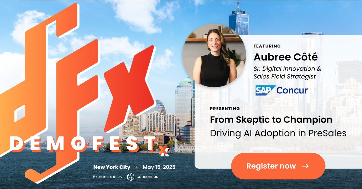 AI is coming for your job.
That’s the fear.

But for #presales, #AI is here to enhance—not replace.

On May 15th, Aubree Côté of SAP Concur shares how to shift mindsets + drive adoption at #DEMOFESTx East Coast.

Get the playbook 👉 hubs.ly/Q03l21rs0