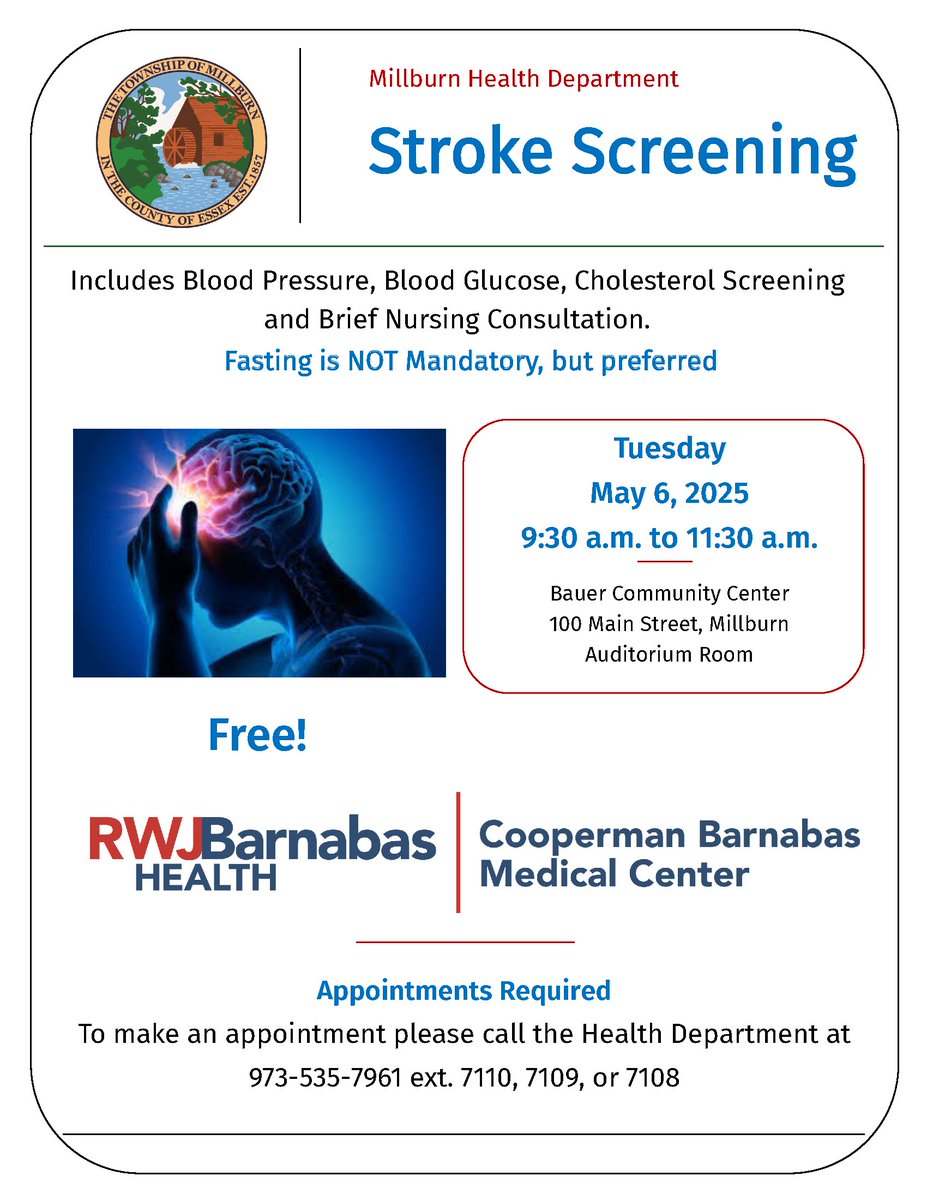 Last chance to register for the Millburn Health Department Stroke Screening event on Tuesday, May 6 from 9:30 to 11:30 am at the Bauer Community Center.

Registration is required. Call 973-535-7961