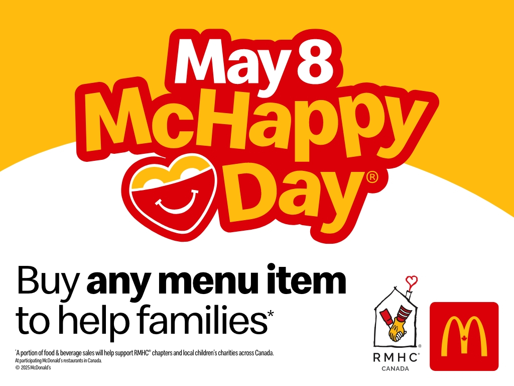 boom 97.3 (@boom973) on Twitter photo Today is #McHappyDay - and every order at
<a href="/McDonaldsCanada/">McDonald's 🇨🇦</a> supports <a href="/RMHCCanada/">RMHC Canada</a>
families and local children's charities across Canada. Today is #McHappyDay - and every order at
<a href="/McDonaldsCanada/">McDonald's 🇨🇦</a> supports <a href="/RMHCCanada/">RMHC Canada</a>
families and local children's charities across Canada.