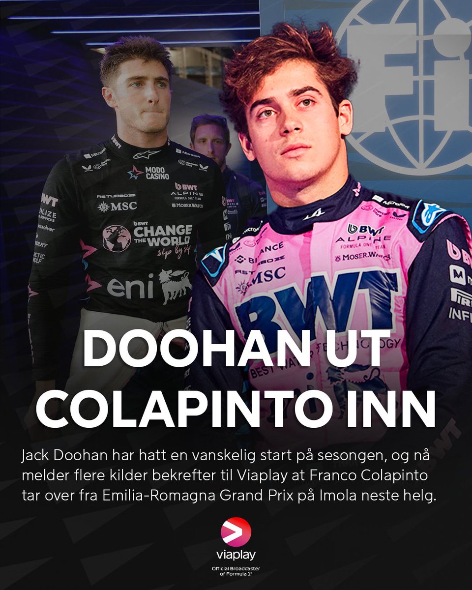 ❗️Flere kilder bekrefter til Viaplay: Jack Doohan mister setet sitt fra Imola❗️

Franco Colapinto tar plassen i Alpine ved siden av Pierre Gasly.