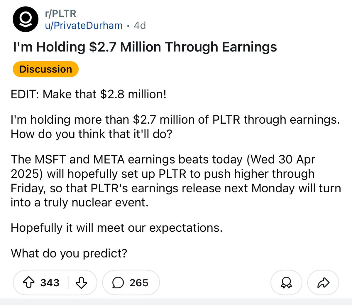 JPATrades's tweet image. Reddit goes all in on $PLTR holding $2,700,000 worth through earning
 
Says today’s earning will be a nuclear event