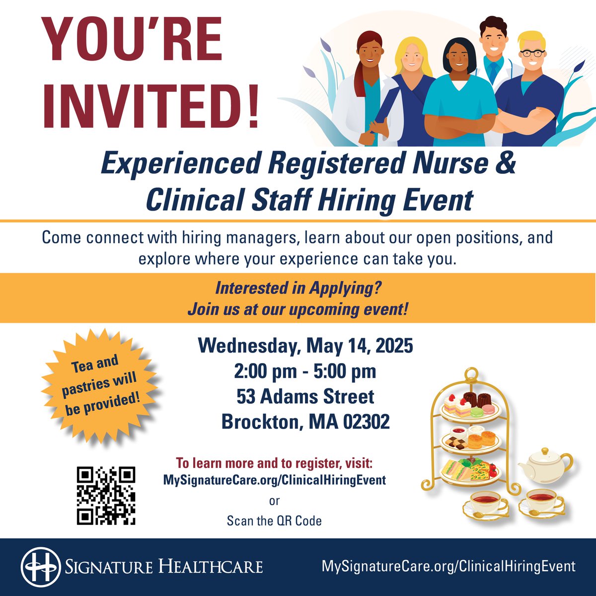 Join us on Wednesday, May 14, 2025, for an Experienced Registered Nurse and Clinical Staff Hiring Event at 53 Adams Street, Brockton, MA, from 2:00 PM – 5:00 PM. 

RSVP today: MySignatureCare.org/ClinicalHiring…