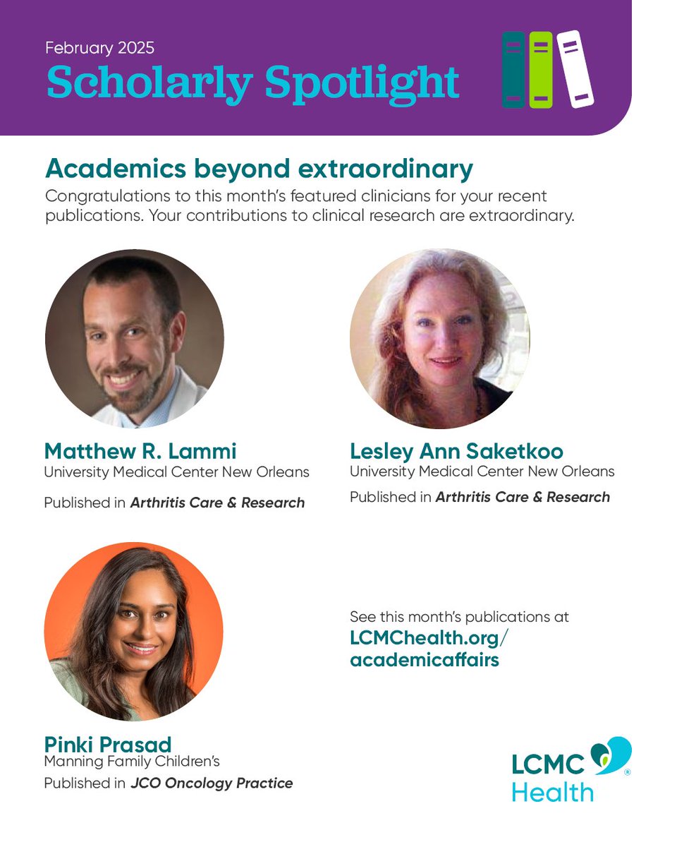 LCMC Health Academic Affairs (@lcmchealthedu) on Twitter photo Please join us in congratulating Dr. Lammi, Dr. Saketkoo & Dr. Prasad on their February 2025 publications in such esteemed publications as Arthritis Care & Research, and JCO Oncology Practice! <a href="/LCMCHealth/">LCMC Health</a> #ScholarlySpotlight publications can be found at LCMCHealth.org/academicaffairs Please join us in congratulating Dr. Lammi, Dr. Saketkoo & Dr. Prasad on their February 2025 publications in such esteemed publications as Arthritis Care & Research, and JCO Oncology Practice! <a href="/LCMCHealth/">LCMC Health</a> #ScholarlySpotlight publications can be found at LCMCHealth.org/academicaffairs