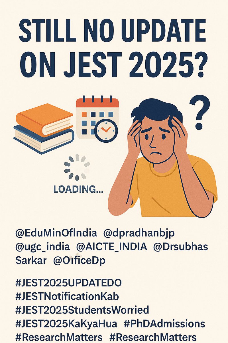ankit_G_chauhan's tweet photo. Confused about the status of JEST 2025 exam? The wait is killing us! Let’s hear something from the authorities soon. 🧐 #JusticeForJESTAspirants @DrsubhasSarkar @ugc_india @AICTE_INDIA https://t.co/RiPS068nFf