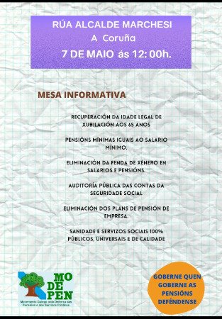 A Coruña: Mesa Informativa na Rúa Alcalde Marchesi, o día 7, as 12 h.

modepen.org/index.php/even…