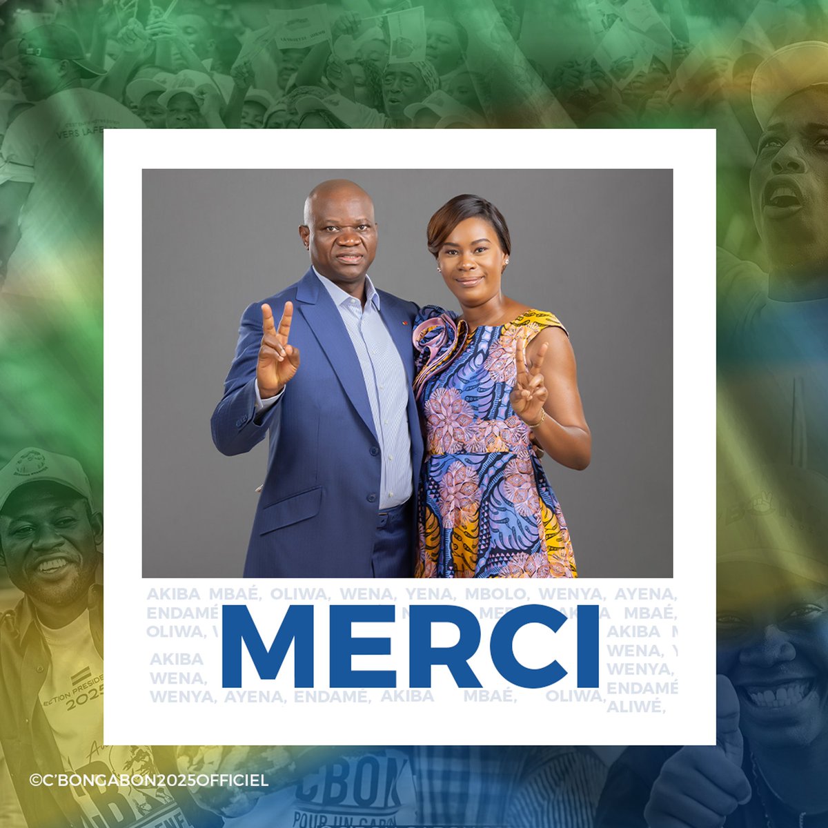 Merci.

588 074 mercis, pour les 94,85 % de confiance exprimée.

Merci pour votre mobilisation, votre amour et votre foi en un Gabon nouveau.

L’histoire s’écrit avec vous !

#MerciLeGabon
#5eRépublique
#UnitéEtProgrès
#CBON2025