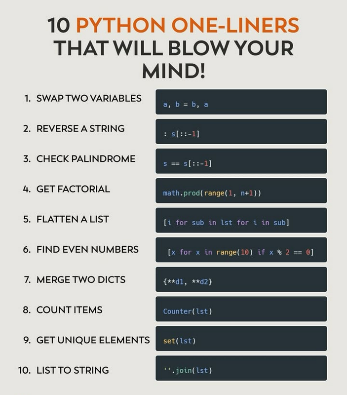 Python_Dv's tweet image. 10 python one liners🤯

#python #programming #developer #programmer #coding #coder #softwaredeveloper #computerscience #webdev #webdeveloper #webdevelopment #pythonprogramming #pythonquiz #ai #ml #machinelearning #datascience