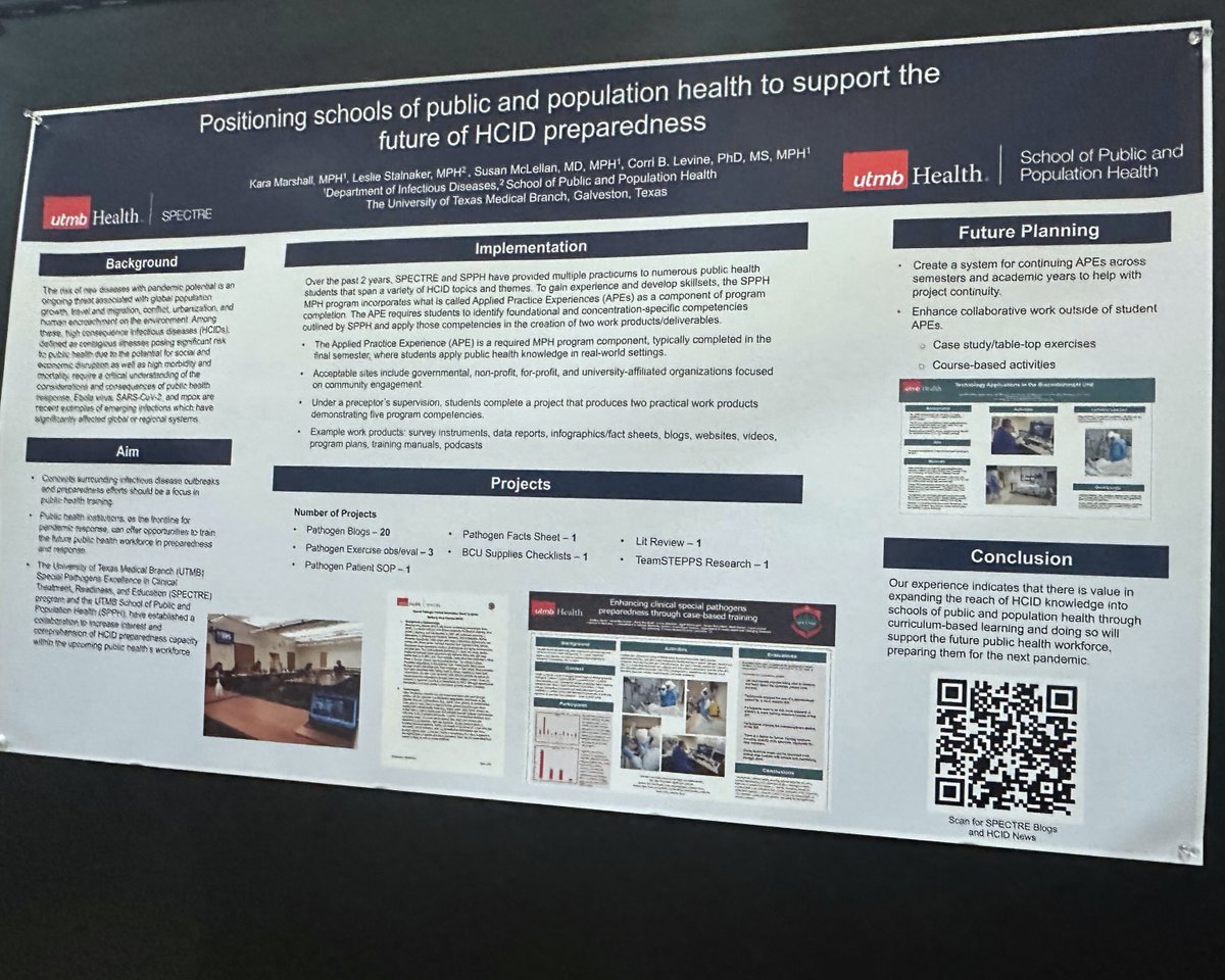 UTMB School of Public & Population Health (@utmb_spph) on Twitter photo At the NACCHO Preparedness Summit, SPPH’s Leslie Stalnaker and <a href="/UTMB_SPECTRE/">UTMB SPECTRE Program</a>'s Kara Marshall presented a poster on student involvement in high-consequence infectious disease preparedness.
From SOPs to training evals, our students are gaining hands-on exp in pub health readiness. At the NACCHO Preparedness Summit, SPPH’s Leslie Stalnaker and <a href="/UTMB_SPECTRE/">UTMB SPECTRE Program</a>'s Kara Marshall presented a poster on student involvement in high-consequence infectious disease preparedness.
From SOPs to training evals, our students are gaining hands-on exp in pub health readiness.