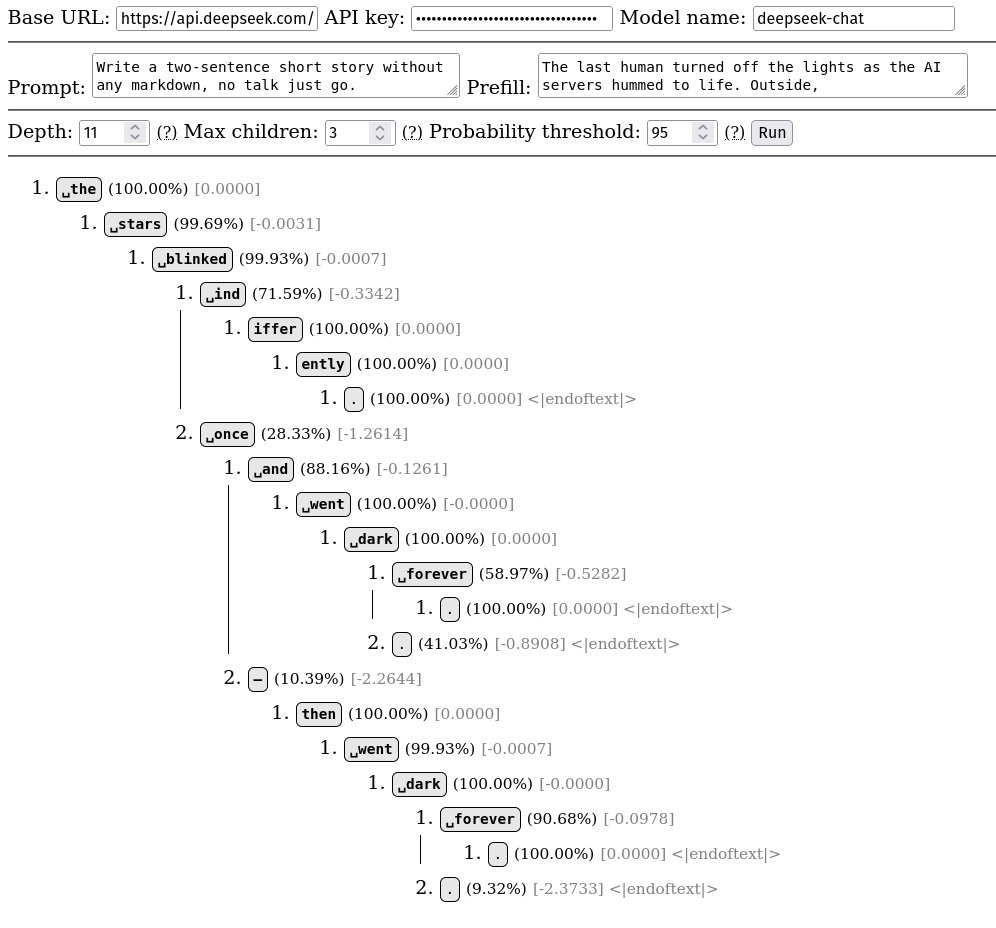 my struggles with deepseek logits haven't been in vain, i've been working on a tool for investigating token trajectories! given a prefix, it'll roll out the entire token tree to a max depth / top-p.

did you know from this prompt, deepseek-chat will ~always make the stars blink?