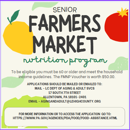The FMNP applications are now being accepted! Volunteers will be available to assist with applications on the following dates:

Gross Towers/Towers East - May 13th, 10am-12pm
700 Building - May 13th, 1pm-3pm
Walnut Manor - May 14th, 10am-12pm
Central Park - May 14th, 1pm-3pm