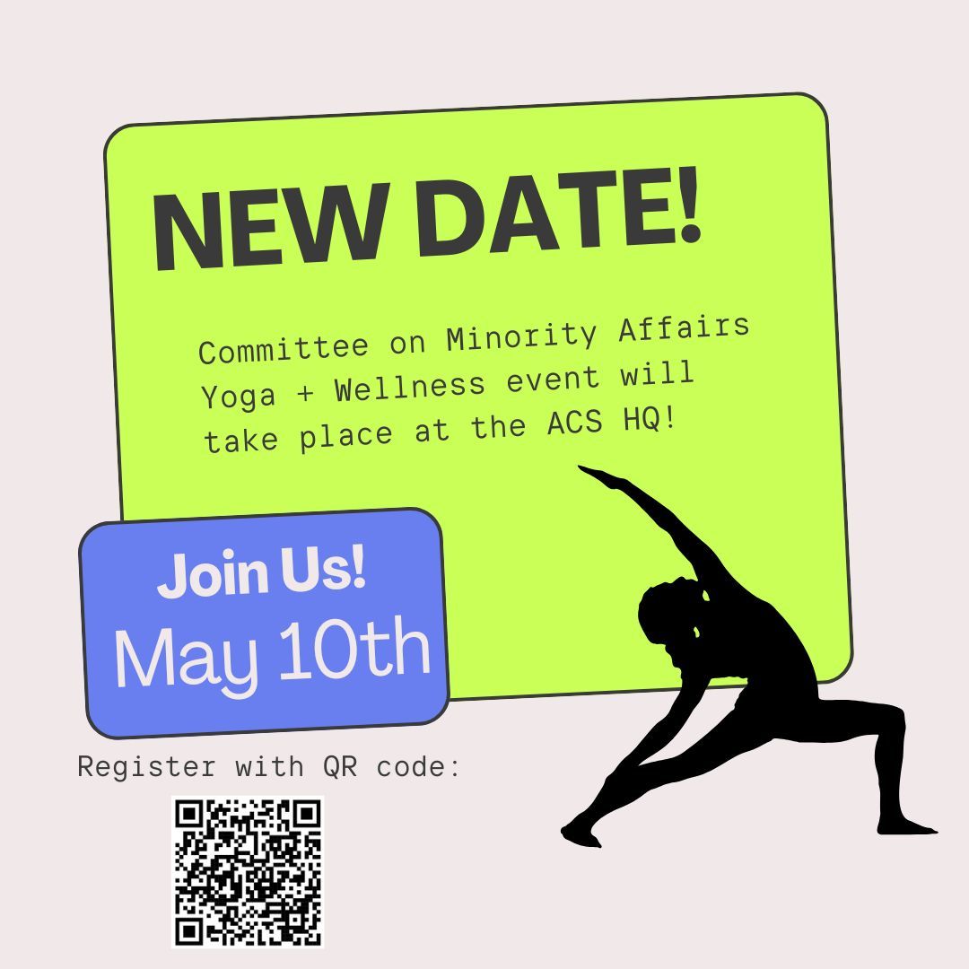 Join the ACS Chemical Society of Washington Committee on Minority Affairs on May 10th at 11:00am for a Yoga + Wellness class. This event will be located at ACS Headquarters at 1155 Sixteenth St NW Washington, DC 20036 in Marvel Hall rooms E-G. 
RSVP here: forms.gle/2X7Bnnihoo9y5e…