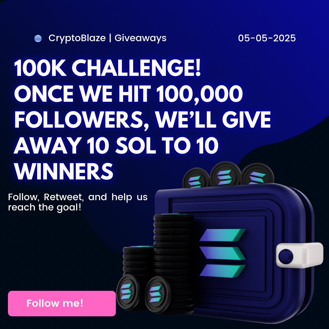 1WolfStride's tweet image. 100K Challenge!
Once we hit 100,000 followers, we’ll give away 10 SOL to 10 winners — that’s 100 SOL total!
Follow, Retweet, and help us reach the goal!

Winners will be picked once we hit 100K!
#Solana #CryptoGiveaway #100KChallenge #Web3 #Crypto
🚀💸🎯 #earthquake