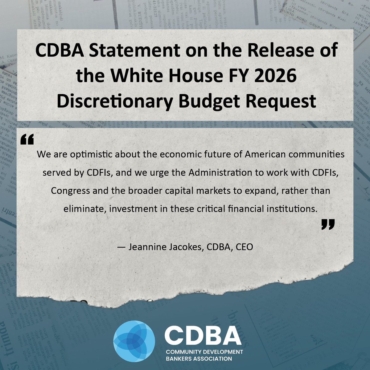 CDBA Statement on the Release of the White House FY 2026 Discretionary Budget Request: Emphasizing the broad bipartisan support and widespread economic impact of CDFIs. Read our full statement: shorturl.at/LdcKU