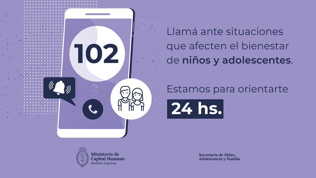 A través de la línea 102, escuchamos y acompañamos a niños y adolescentes en situaciones que afectan su bienestar.

Podés comunicarte con nosotros de manera gratuita y confidencial.