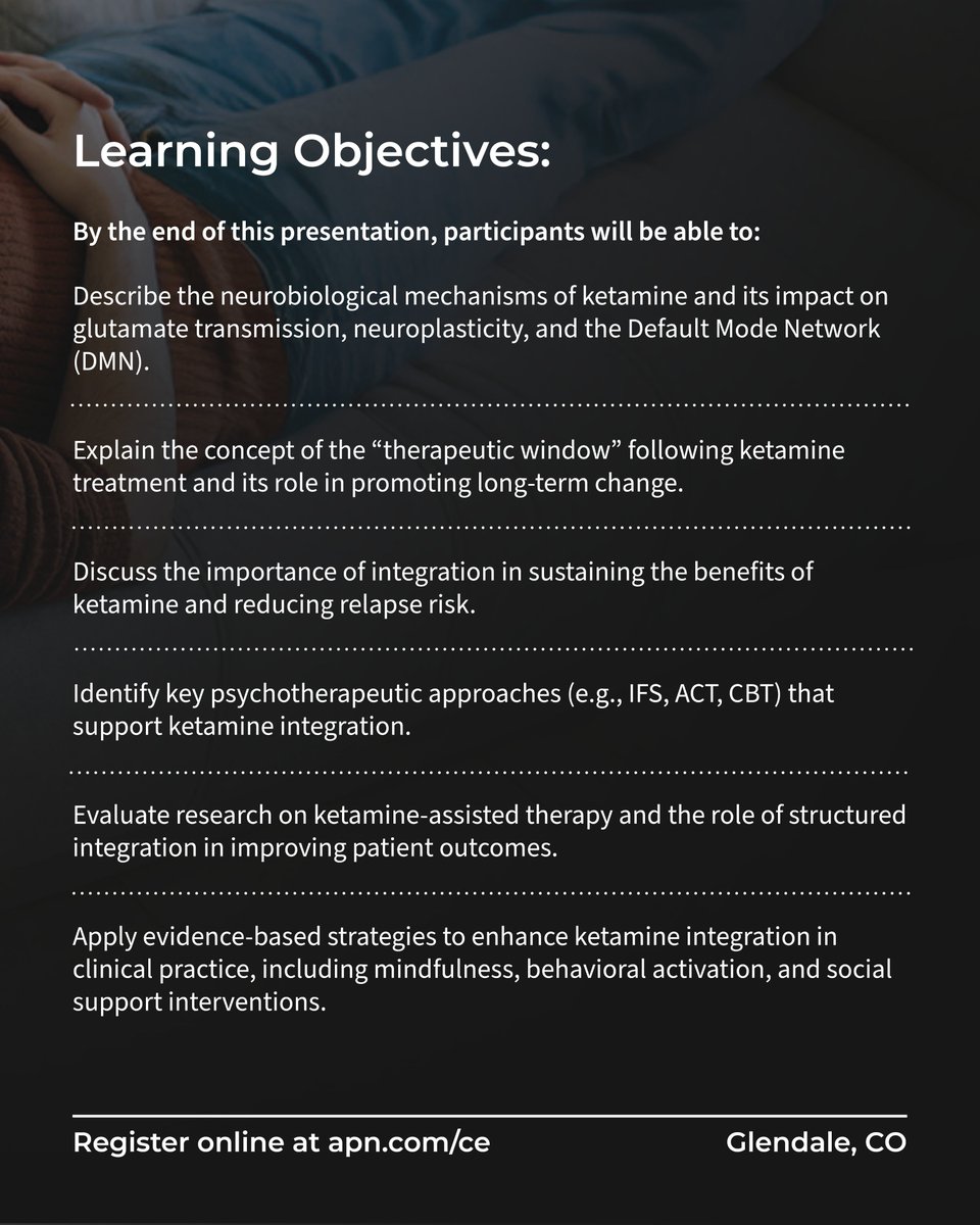 APN University is honored to present our latest course offering: The Importance of Integration in Ketamine Treatment.

This program is approved by the NASW-CO for 1.5 CE Units.

Register online at apn.com/ce

#ceunits #ketamineworkshop #ketaminetreatment