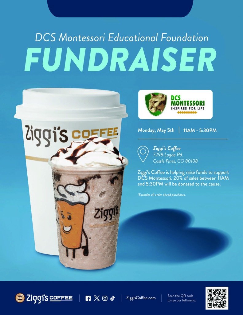 In the mood for a smoothie, blender or a scone? Visit Ziggy's in Castle Pines today between 11am and 5:30pm and mention DCS Montessori! Thank you for your support with this and all of our Spirit Night Fundraisers.