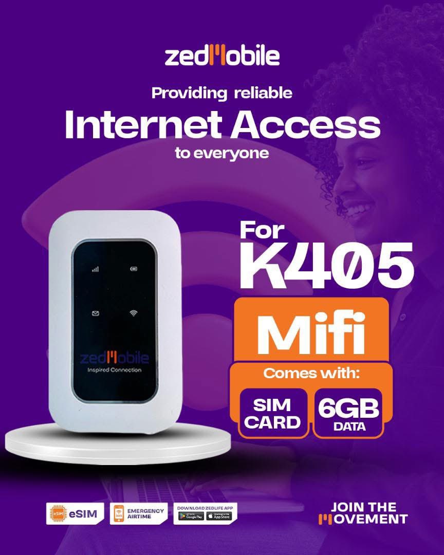 Get your ZedMobile MiFi for only K405 🔥🔥🔥 
It comes with a SIM card and 6GB data. Visit a ZedMobile store near you to get this deal. 
Use this link 🖇️ zedmobile.co.zm/store-locator/ to find a store near you! 

#ZedMobile #JoinTheMovement #StayConnected #MiFiDeal #zambia