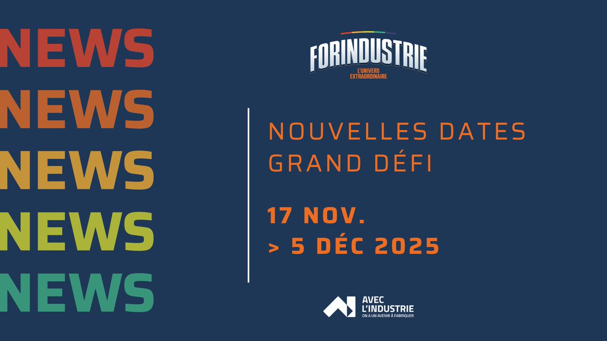 𝐂’𝐞𝐬𝐭 𝐜𝐨𝐧𝐟𝐢𝐫𝐦𝐞́ !
Le prochain Grand Défi #forindustrie se déroulera du 17 novembre au 5 décembre 2025.
 
#forindustrie #industrie #innovation #orientation #aveclindustrie #onaunavenirafabriquer #SEDI2025