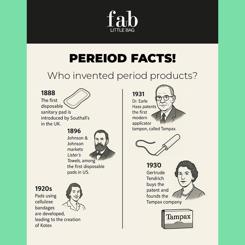 Did you know?
The first disposable sanitary pad hit the market in 1888, and the modern tampon wasn’t patented until 1931.

We believe the products you use during your period are just as important as how you dispose of them.

#PeriodProud #FabLittleBag  #MenstrualCareMatters