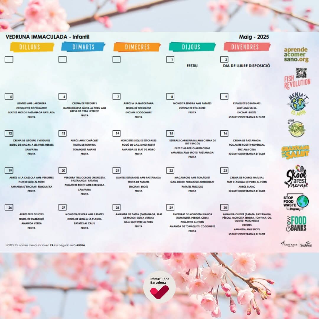 ImmaVedruna's tweet photo. Ja podeu consultar a la nostra web els menús del mes. Teniu el menú d’infantil, el de primària i ESO i els menús especials (intoleràncies vàries)
📝També teniu recomanacions per sopar 😋
👉🏼🔗https://t.co/dPoKVPemHs
#curs2425
#cuidarnospercanviarelmón
#menjadorescolar #scolarest https://t.co/YmIE5SQclD