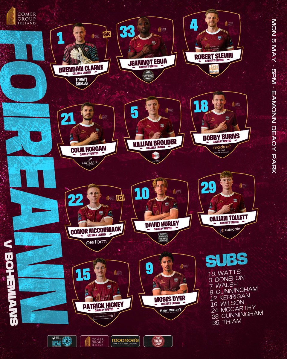 Your lineup is in, with a first start for Academy Graduate Cillian Tollett 👏

Kick-Off is 5PM at Eamonn Deacy Park, bring it on 👊 

#ItsATribalThing | #GUFC2025 | Match Partners: <a href="/MonroesLive/">Monroe's Live</a>