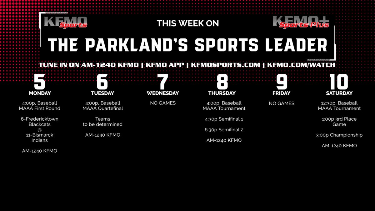 KFMOsports (@kfmosports) on Twitter photo ⚾️MAAA Conference Tournament baseball this week on the Parkland Sports Leader AM-1240 KFMO. We start it with a first round matchup between 6-Fredericktown and 11-Bismarck. Coverage starts at 4:00pm. You can find the bracket at kfmosports.com
<a href="/STLhssports/">STLhighschoolsports</a> <a href="/KFMOsportsBase/">KFMOsports</a> ⚾️MAAA Conference Tournament baseball this week on the Parkland Sports Leader AM-1240 KFMO. We start it with a first round matchup between 6-Fredericktown and 11-Bismarck. Coverage starts at 4:00pm. You can find the bracket at kfmosports.com
<a href="/STLhssports/">STLhighschoolsports</a> <a href="/KFMOsportsBase/">KFMOsports</a>