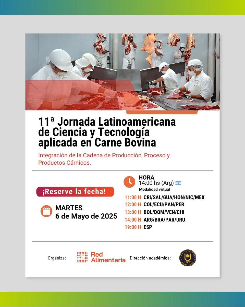 Tecno Fidta (@tecnofidta) on Twitter photo #TecnoFidtaConecta te invita a la Onceava Jornada de Ciencia y Tecnología Aplicada en Carne Bovina
👉🏼"Integración de la Cadena de Producción, Proceso y Productos Cárnicos"
🗓 Martes 6 de mayo
⏰ 14:00 hs
💻 Modalidad virtual
Más información: info@redalimentaria.com #TecnoFidtaConecta te invita a la Onceava Jornada de Ciencia y Tecnología Aplicada en Carne Bovina
👉🏼"Integración de la Cadena de Producción, Proceso y Productos Cárnicos"
🗓 Martes 6 de mayo
⏰ 14:00 hs
💻 Modalidad virtual
Más información: info@redalimentaria.com