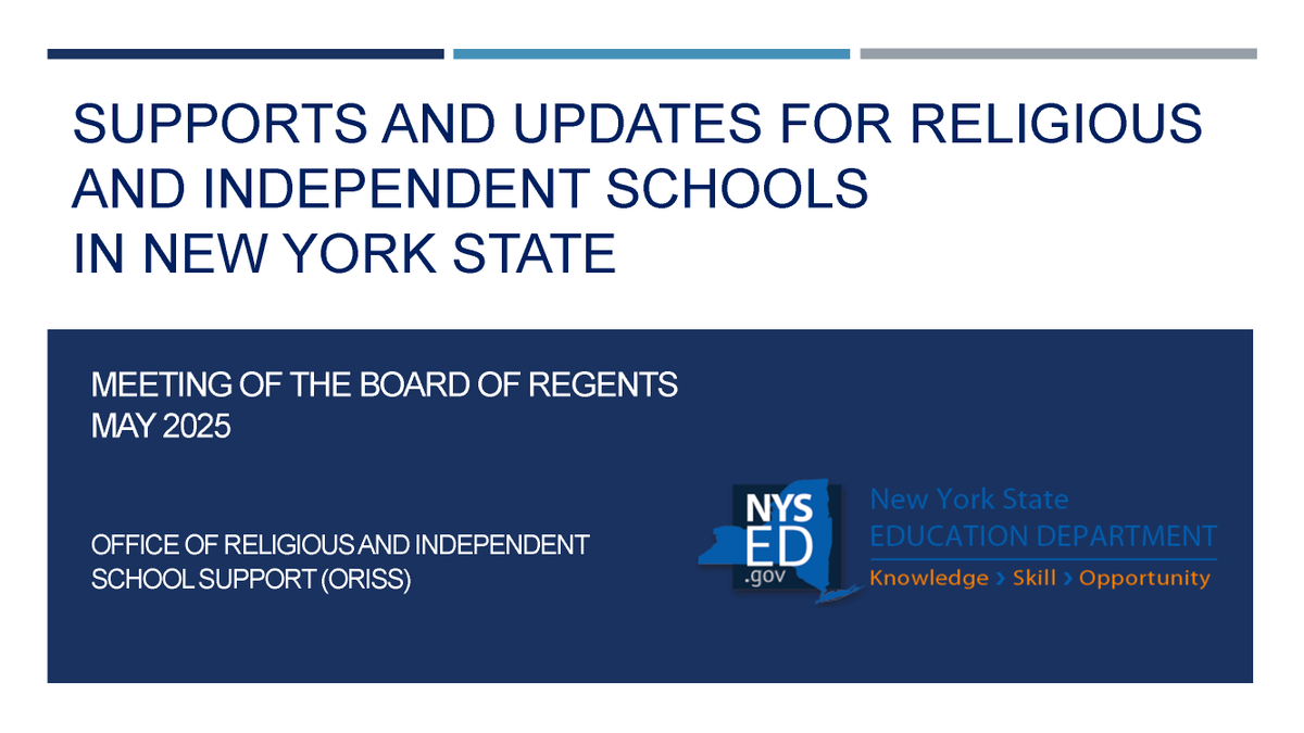 NYSED staff members are discussing the support provided to Religious and Independent Schools through the Office of Religious and Independent School Support (ORISS) and providing an update on the implementation of Substantial Equivalence requirements. bit.ly/3GAgGwb