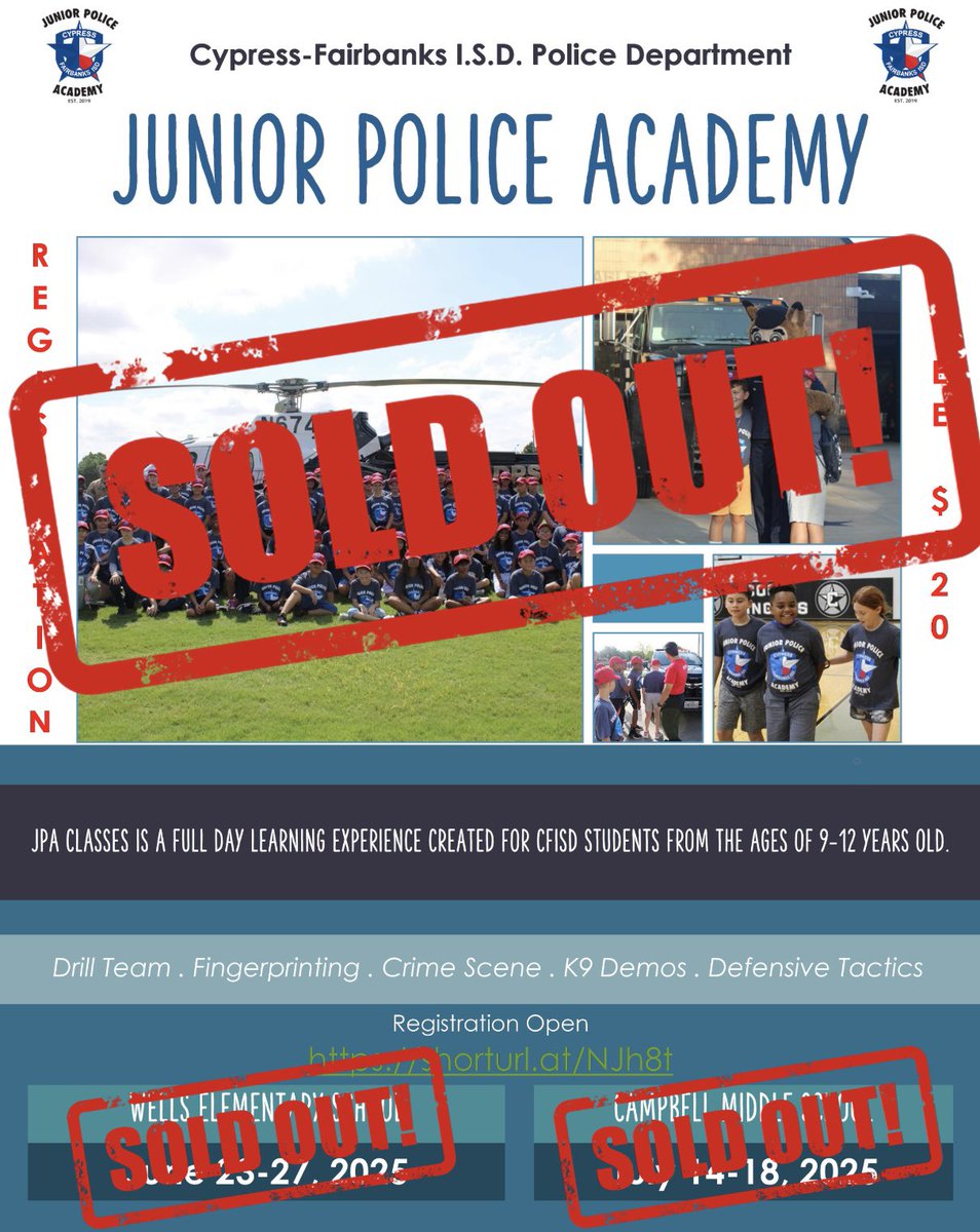 🚨2025 Junior Police Academy is SOLD OUT🚨

We want to thank all of Cypress for entrusting us with your students and we can’t wait to get started this summer‼️