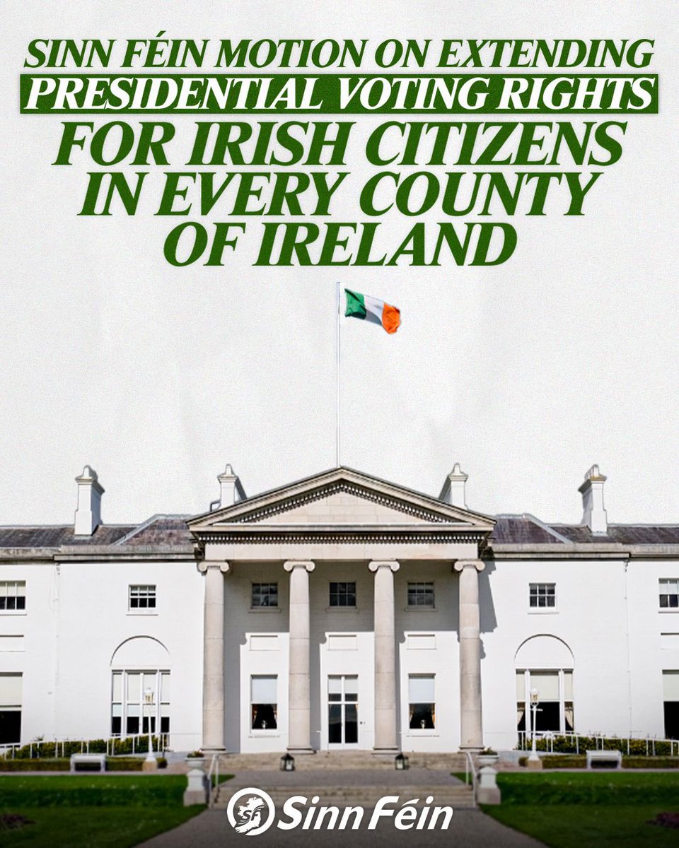 Sinn Féin will bring a motion to the Assembly tomorrow urging the Irish government to extend presidential voting rights to all Irish citizens on the island. 

Successive Irish governments have committed to extending voting rights for Uachtarán na hÉireann — it's time to deliver.