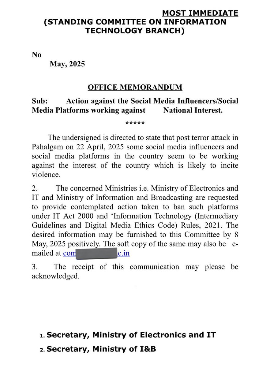 Big news: The govt issued a notification that action will be taken against social media accounts that work against Indian interests. 
Their accounts will be banned in India.