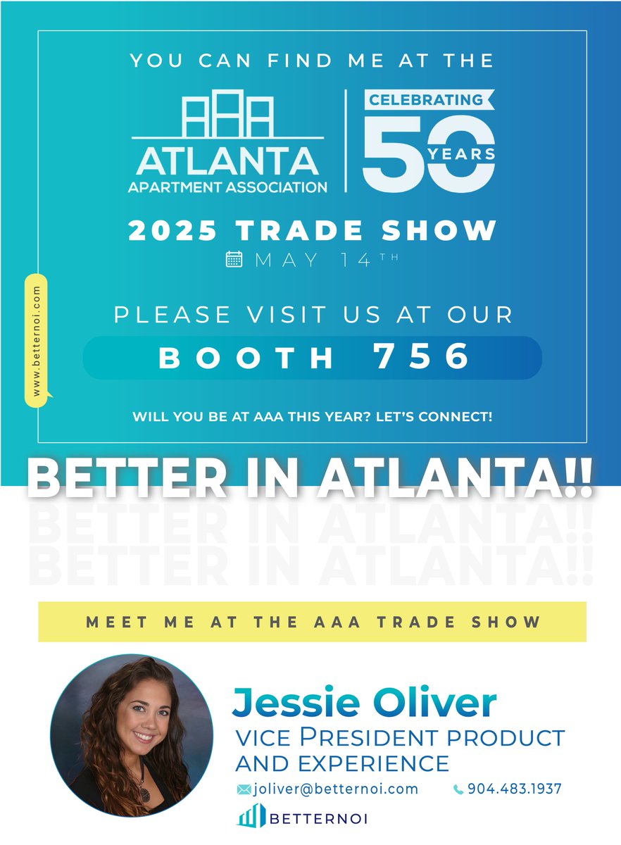 You can find me at the AAA 2025 Trade Show. 
 
Will you be at AAA this year? Let's connect!

Please visit us at our:
🗺️ Booth #756
🗓️ May 14 | Atlanta, GA

Look for me at the AAA Trade Show.

Jessie Oliver
joliver@betternoi.com
904.5483.1937

#AAA #TradeShow #AAA2025 #BetterNOI